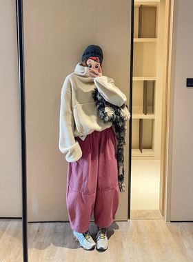 KOGIRL冬季保暖舒适羊羔毛连帽休闲韩版宽松廓形卫衣上衣女日系