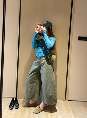 KOGIRL韩系东大门绿色工装低腰半松紧舒适宽松立体休闲裤九分裤女