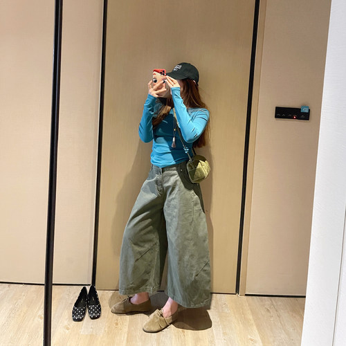 绿色工装低腰舒适宽松九分休闲裤