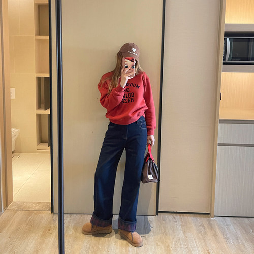 冬季植绒两穿高腰直筒丹宁牛仔裤