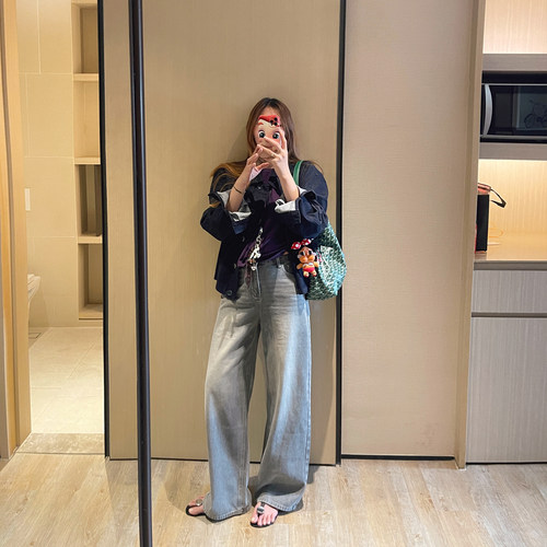 做旧层次水洗韩系高腰直筒牛仔裤