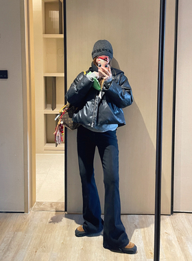 KOGIRL冬季加绒简约高腰显腿直显瘦修身提臀长腿牛仔裤微喇叭裤女