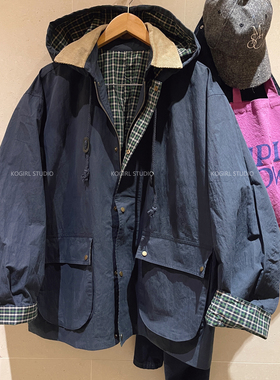KOGIRL英伦格纹工装连帽中长款风衣韩系东大门宽松廓形拉链外套女