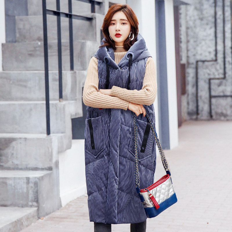 2019冬季新款保暖连帽女中长款修身条绒羽绒马甲百搭坎肩女羽绒服