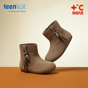 天美意童鞋2025年冬季新款女宝宝百搭休闲小皮靴女童加绒保暖短靴