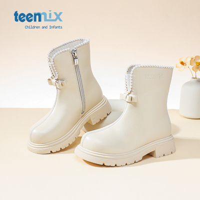 teenmix2025冬季新款女童中筒靴儿童皮靴子小女孩软底加绒短靴