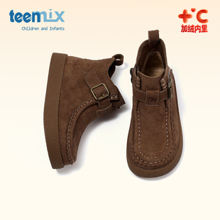 天美意2025年冬季新款儿童休闲鞋鞋女童加绒二棉鞋男童冬天短靴子