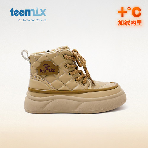 天美意冬季女童加绒棉靴大童皮靴