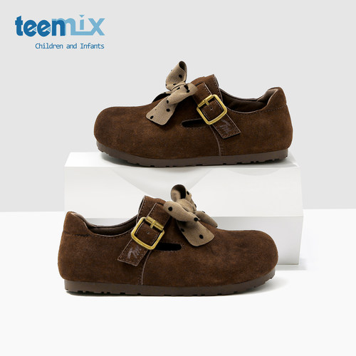 天美意勃肯鞋女童鞋2025秋冬季新款新款复古皮鞋女孩单鞋儿童鞋子