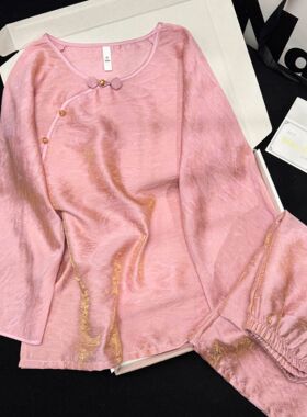 七分袖国风睡衣女夏季浮光渐变宫廷风盘扣复古新中式家居服可外穿