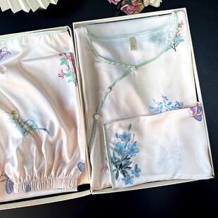 2025新中式国风睡衣女款古风春秋高级感冰丝绸大码宽松套装碎花