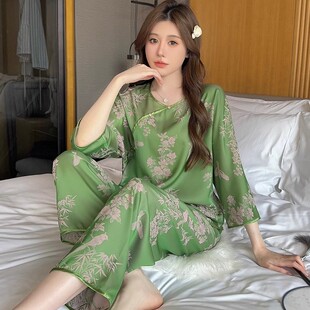 2025新中式国风睡衣女款夏季高级感冰丝绸大码宽松套装碎花古风