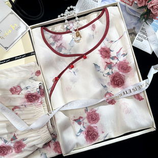 2025年新中式国风睡衣女款夏季高级感冰丝绸大码宽松套装碎花古风