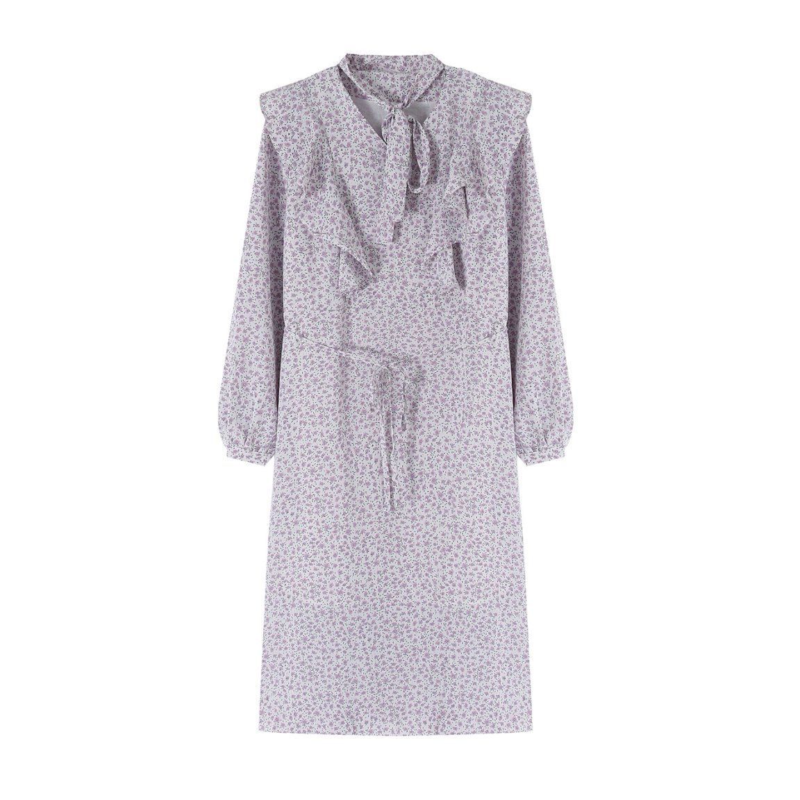 La Vague V领荷叶边碎花收腰连衣裙