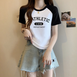 胖MM大码美式插肩短袖T恤夏季修身显瘦洋气辣妹圆领字母印花别致