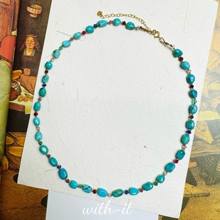 with 209 it松石项链手工编织多彩宝珠串意大利风淡水珠宝珍珠法式