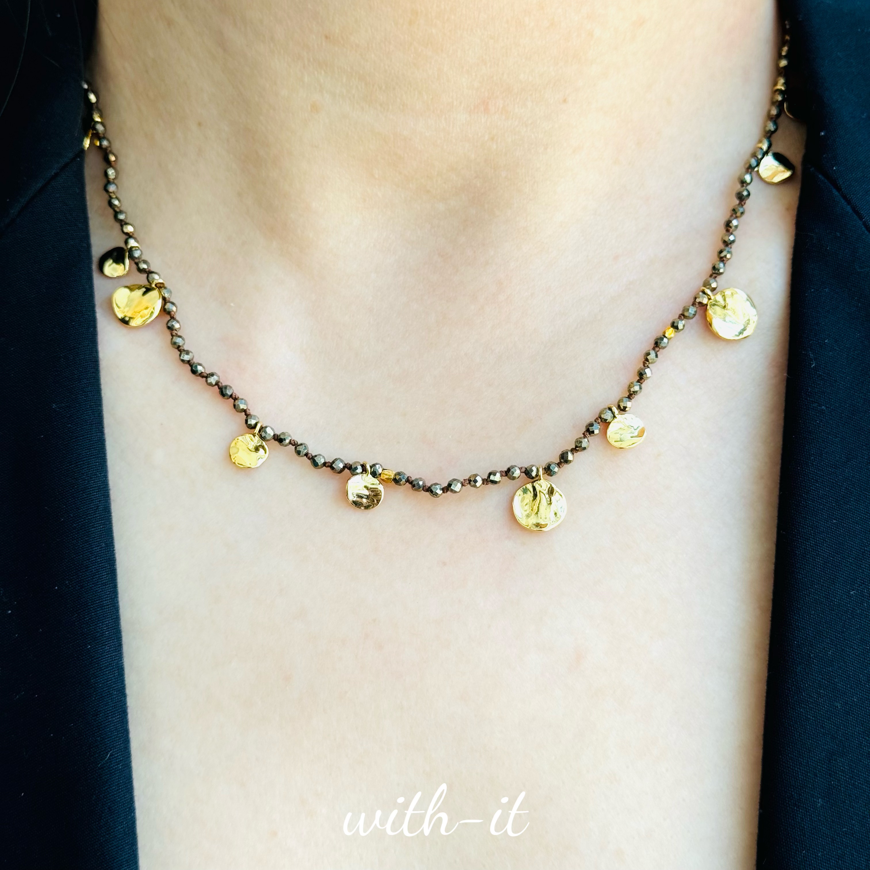 whit it黄铁矿青金石迷你闪闪吊坠长项链手工编织款镀金锤痕258