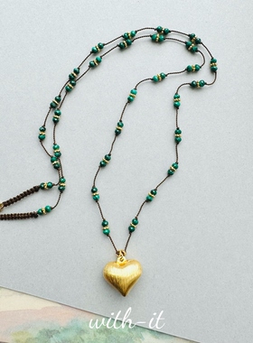with it孔雀石镀金拉丝爱心吊坠手工编织项链法式小众珠宝礼物260