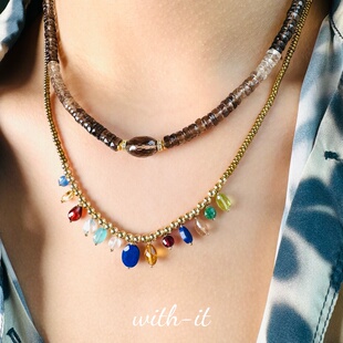 with it金色彩宝珠串项链意大利风UN天然石复古珠宝首饰礼物253