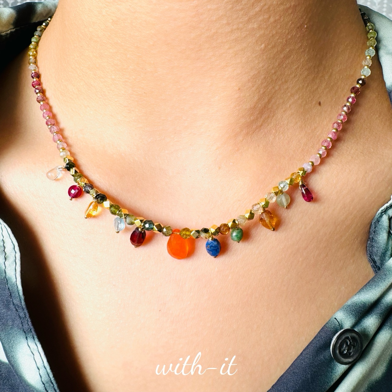 with it彩色碧玺项链镀金印度彩宝珠串宝石黄水晶海蓝宝渐变色212