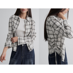 纯棉 肤感巨柔软 抽绳 格子长袖 韩单 衬衫 自留款