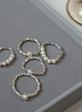 进口s925纯银碎银子天然珍珠戒指简约ins高级感气质小众设计弹力