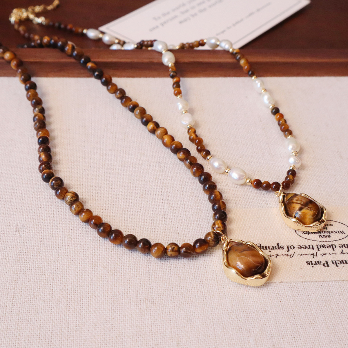 进口天然石虎眼石项链焦糖色可可棕风秋冬复古串珠项链锁骨链毛衣