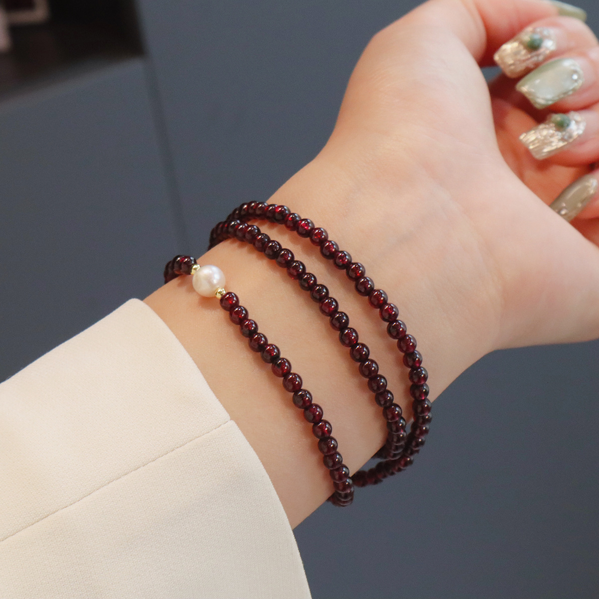 进口3.5mm天然石榴石手链淡水珍珠酒红手串手链小众设计闺蜜礼物