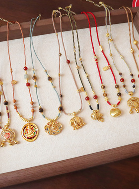 进口新中式吊坠项链福锁毛衣链挂坠沙金滴油国潮天然虎眼石红玛瑙