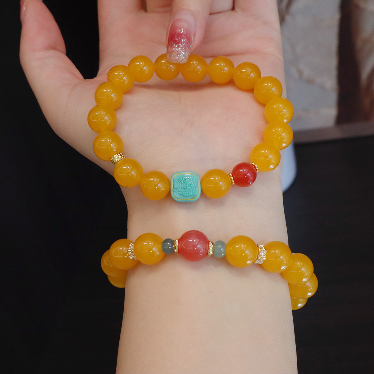 进口10MM大珠原创天然黄色玛瑙盐源石配饰复古风文艺款扎基拉姆手