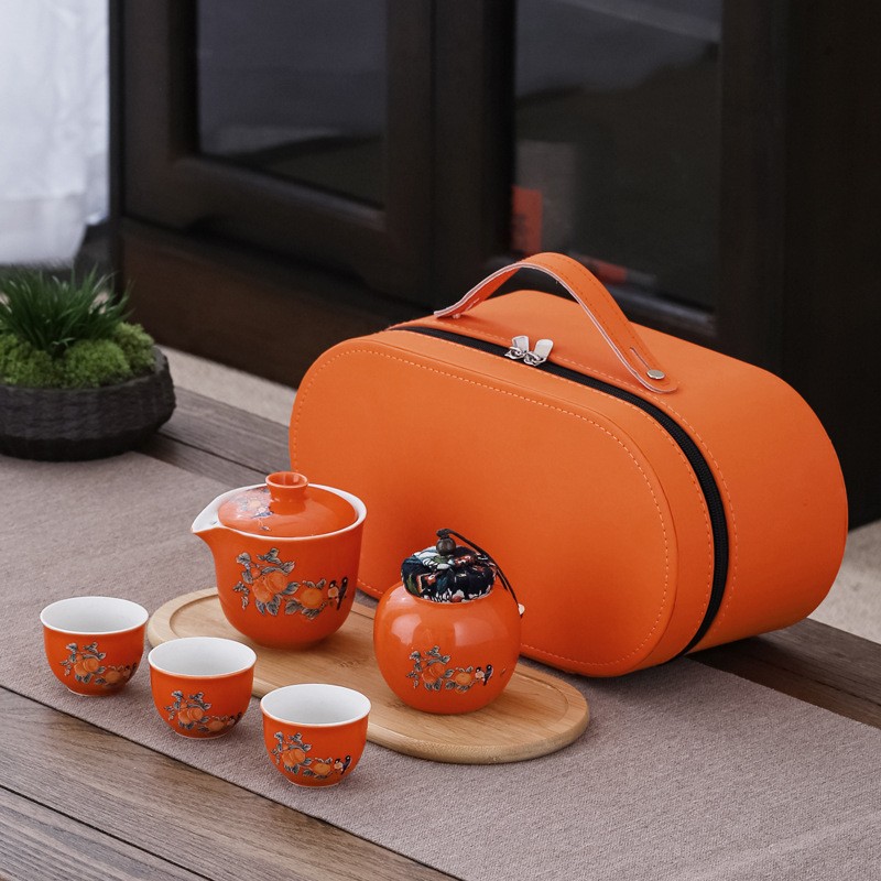 进口柿子旅行茶具便携户外快客杯柿柿如意陶瓷商务活动伴手礼品印