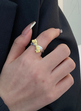 美汝仙 s925纯银金银撞色蝴蝶结戒指女ins小众设计感2023ian新