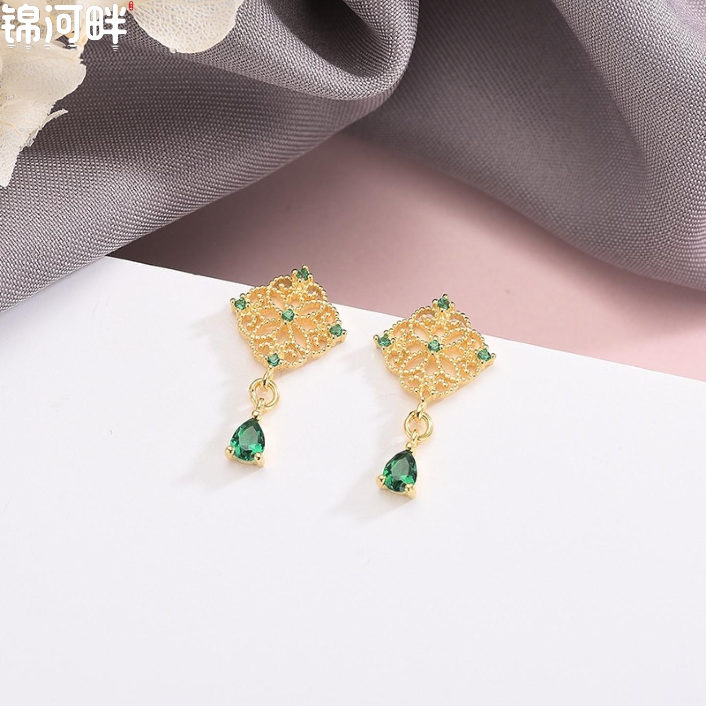 JINHEPAN s925银祖母绿耳钉中式复古蕾丝耳饰气质优雅民族风14k