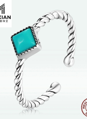 美汝仙 原创纯银几何松石戒指 s925方形蓝色锆石开口指环手饰