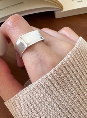 美汝仙 925纯银宽面方形戒指女韩版简约ins风气质小众设计开口