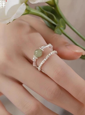 JINHEPAN 925纯银天然和田玉竹节戒指女新中式手工碎银子串珠