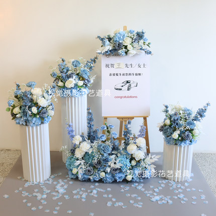 4s店交车仪式布置花艺花球仿真花罗马柱装饰花交车仪式花场景布置