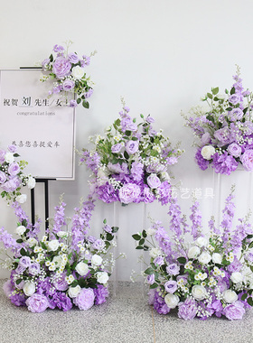 紫色系汽车4s店展厅交车仪式布置场景花艺牛角拱门花指示牌路引花