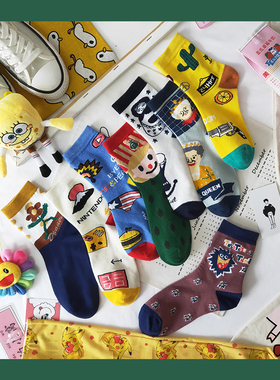 5双装袜子女秋冬中筒袜卡通漫画复古纯棉袜街头可爱AB不对称袜ins