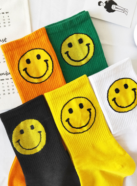 5双装大笑脸袜子女黑白黄色韩国中筒夏秋冬季袜子日系原宿风长袜