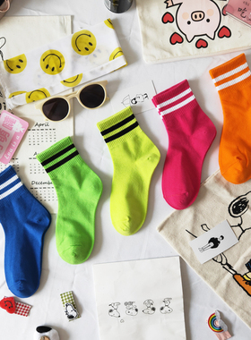 荧光彩色两道杠袜子女中筒袜韩版学院风纯棉糖果色秋冬季运动绿袜