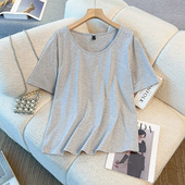 夏季 森系大码 胖mm上衣200斤女装 胖妹妹百搭麻灰色正肩U领宽松T恤