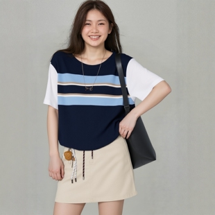 200斤女装 高端胖mm大码 短袖 夏装 上衣 正肩t恤假两件条纹宽松针织衫