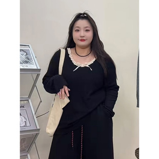 新款 上衣春装 花边圆领正肩宽松巨遮肚漂亮显瘦 胖mm巨好看女装 大码