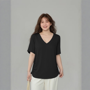 正肩宽松遮肚子V领T恤 女黑色短袖 大码 胖mm巨好看上衣2026春夏新款
