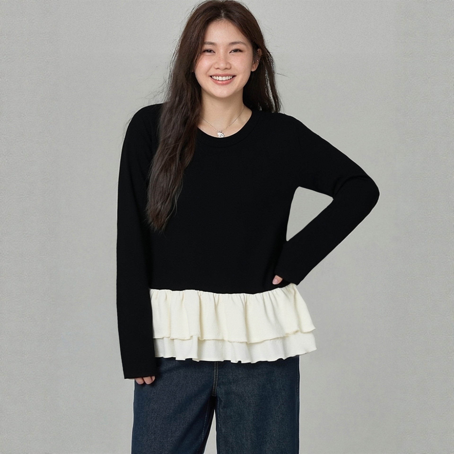 凤凰依屋宽松显瘦荷叶下摆T恤