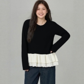 荷叶边上衣女轻奢高级感宽松下摆遮肚子正肩香风气质T恤微胖妹妹M