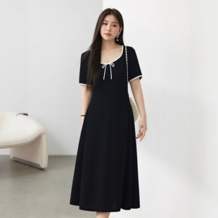 胖mm显瘦遮肉法式 甜美撞色拼接设计感减龄长裙夏季 连衣裙 女装 大码