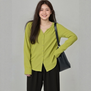 针织提花假开襟纽扣设计感时尚 新款 T恤 胖mm轻熟风上衣女春装 大码