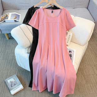 连衣裙女大码胖mm梨型身材3D版型收腰遮肚子巨显瘦粉色A字裙长裙